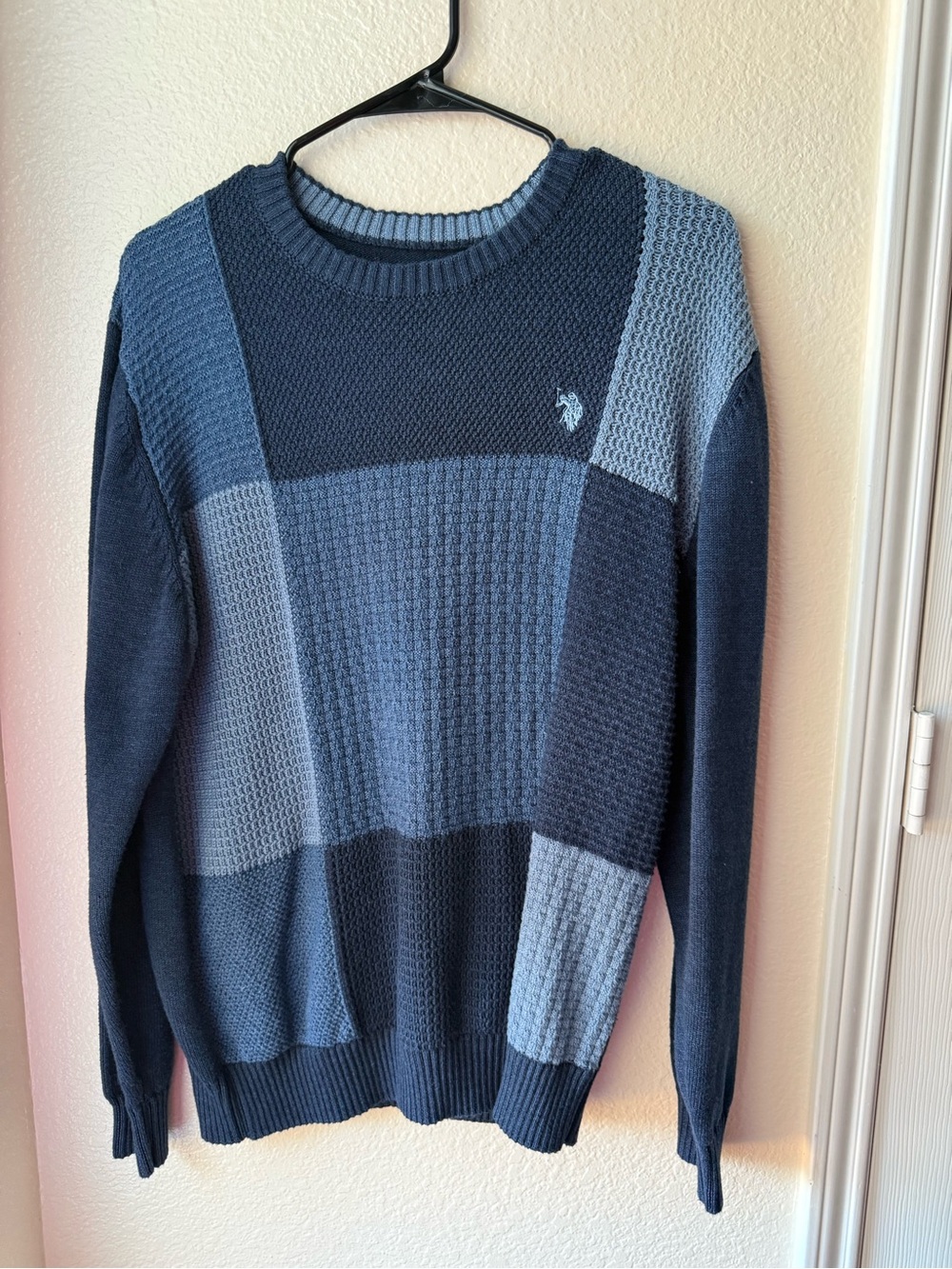 U.S. Polo Assn. Men's Patchwork Crewneck Sweater in Navy and Light Blue